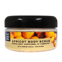 Apricot body scrub jar with apricot image on label