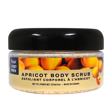 Apricot body scrub jar with apricot image on label