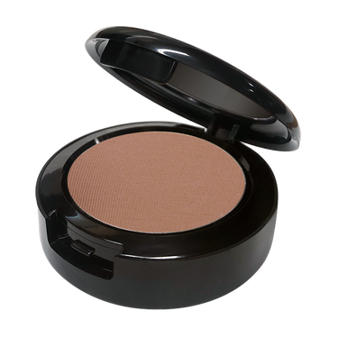 Compact brown powder in a black case on a white background
