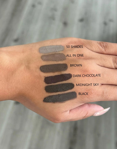 viaGlamour Brow Fix Gel swatches: 50 Shades, All in One, Brown, Dark Chocolate, Midnight Sky, Black
