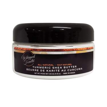 Jar of Whipped Goutti turmeric shea butter with black lid on a white background