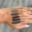 viaGlamour Brow Fix Gel swatches: 50 Shades, All in One, Brown, Dark Chocolate, Midnight Sky, Black